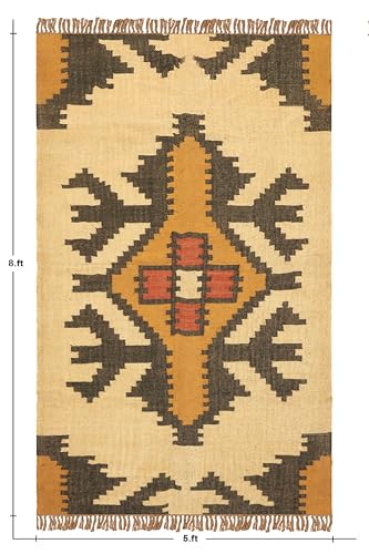 Tapis Kilim carré réversible en laine beige et marron - 4