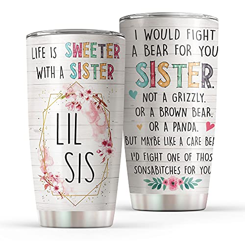 Macorner Double Wall Insulated 20oz Stainless Steel Tumbler Cup For Little Sister | I Would Fight A Bear For You | Meaningful Gift From Big Sister for Birthday, Anniversary, Christmas