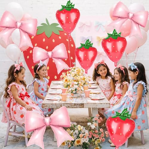 Image of Kriyokiaa 9 PCS Pink Bow and Red Strawberry Foil Balloons for Strawberry Birthday Decorations, Pink Bow Birthday Decorations, Berry First Birthday and Berry Sweet Girl Baby Shower Party Decor