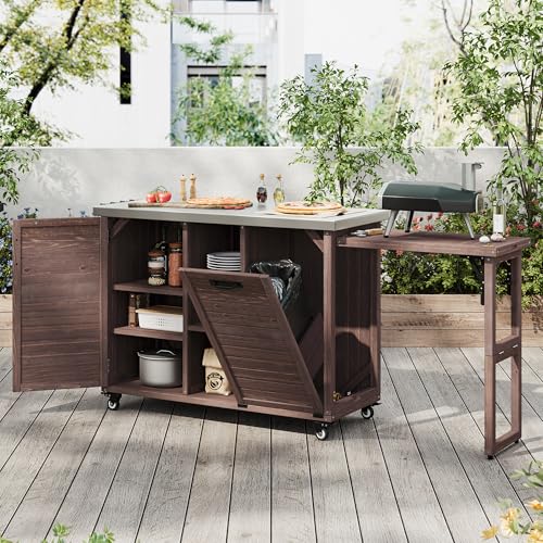 Image of Merax 78.3 inch Outdoor Kitchen Island with Foldable Grill Table, Wooden Outdoor Grill Cart with Trash Can Storage & Stainless Steel Top, Outdoor Bar Cart, Pizza Oven Table for Lawn & Garden, Dark Brown