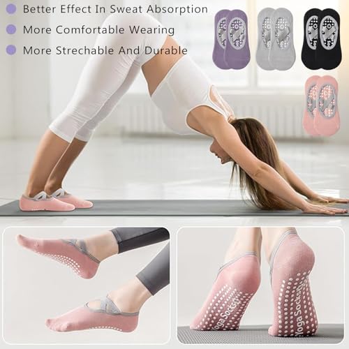 EULAPGOE Yoga Socken Damen rutschfest für Pilates Fitness 4er Pack – Atmungsaktive Sport Socken mit Antirutschsohle für Frauen Mädchen–Größenfrei–Schwarz Grau Rosa Lila–Ideal für Training Zuhause und