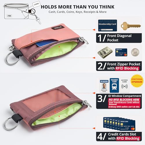 Image of RFID Blocking Travel Wallet with Adjustable Lanyard, Small Nylon Zipper Pouch and Badge Holder for ID, Credit Cards, Cash, Keys, Commuters (CoralBlush+Mauve)