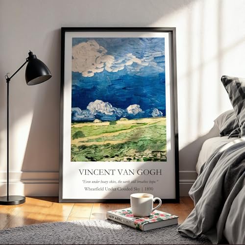 Image of Waltractive Vincent Van Gogh Paintings Framed Poster with Beautiful Quotes - Available in 33x22 and 48x33 CM - Classic Art Poster with sleek Black Frame - Elegant Home and Office Decor (Wheatfield Under Clouded Sky, 9x13 Inch, Framed)