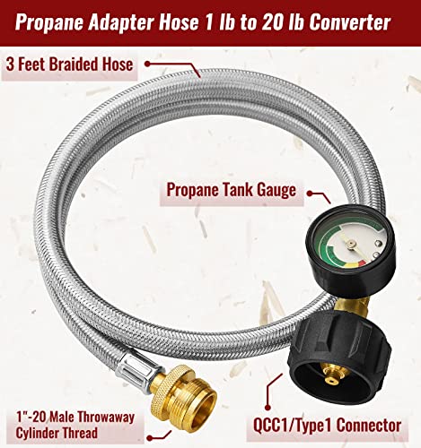 CALPOSE 3 Feet Propane Adapter Hose with Gauge, 1lb to 20lb Adapter Converts 1lb Appliances to 5-40lb Tanks, Stainless Steel Braided Hose for Blackstone Griddle, Weber Q, Coleman Grill, Buddy Heaters