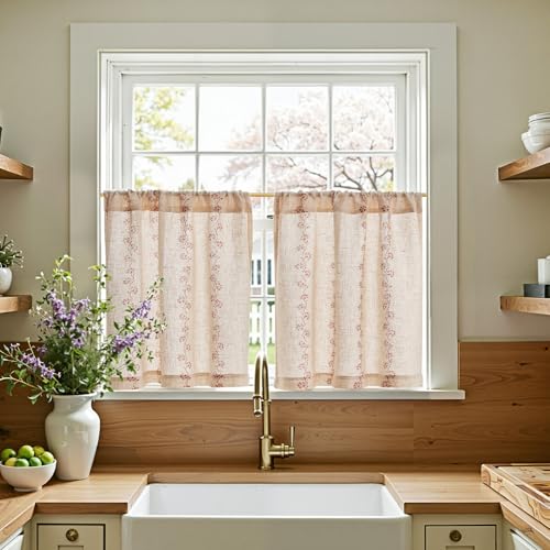 jinchan Katy Linen Floral Kitchen Curtains 24 Inches Length Stripe