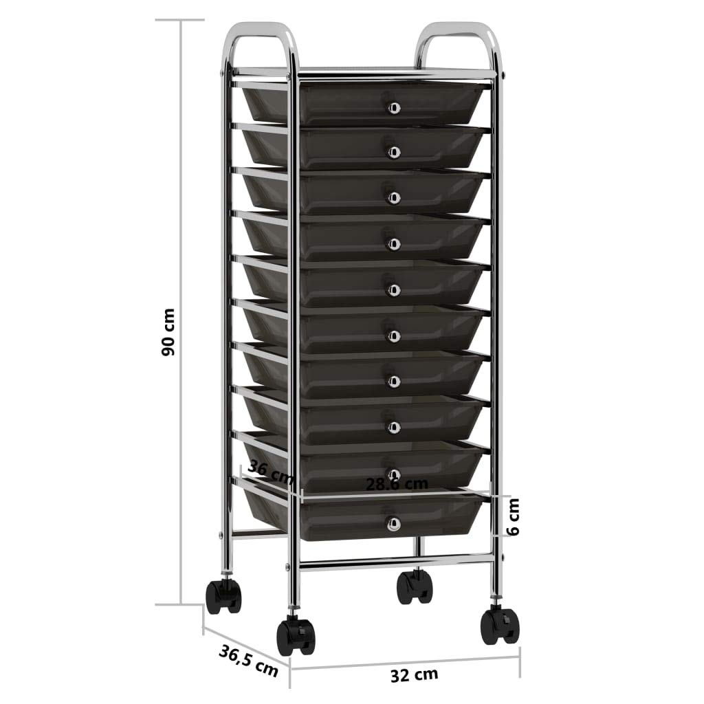 Carrello con 10 cassetti in plastica nera, telaio in plastica, 32 x 36,5 x 90 cm, 4 ruote girevoli, carrello mobile per ufficio, garage, magazzino, giardino, ausilio per il trasporto