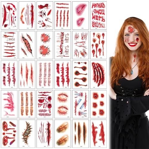 30 Feuilles Halloween Tatouages Temporaires, Accessoire Halloween Faux Tatouage Réaliste Point de Plaie Cicatrice Scabe Ecchymose, Feuilles Fausse Cicatrice Autocollants de Tatouage Zombie