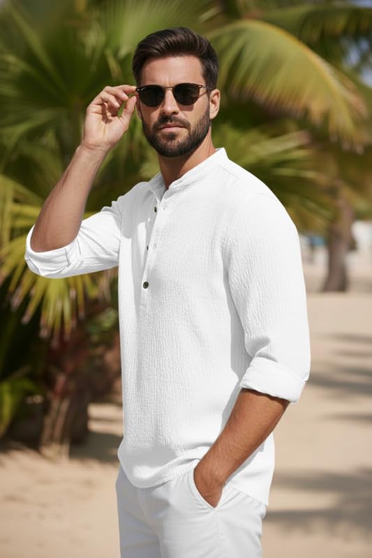 Image of Men's Cotton Blend Short Kurta with Collared Neck Full Sleeves Solid Pattern Western Style Regular Fit and Standard Length