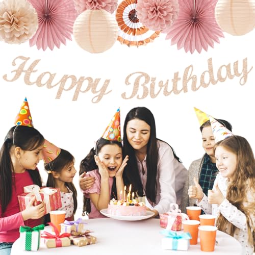 Image of Blush-Pink Rose-Gold Fall Birthday Party-Decorations - 21pcs Boho Happy Banner Sign,Women Paper Lanterns Honeycomb,One Sweet Peach Streamers Garland,Girl Tissue Pom Poms Flowers Fans Decor Burgleda