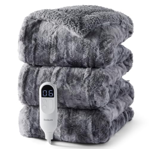 Image of Bedsure Faux Fur Heated Blanket Full Size, Tie-Dye Electric Blanket, Grey