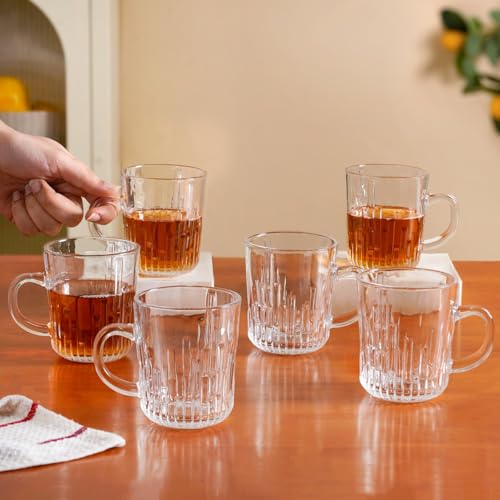 Image of Nestasia Set of 6 Transparent Glass Tea Cups (230ml Each) - Stripped Textured Durable & Chip-Resistant Coffee Mugs | Perfect for Coffee, Tea, Hot & Cold Beverages