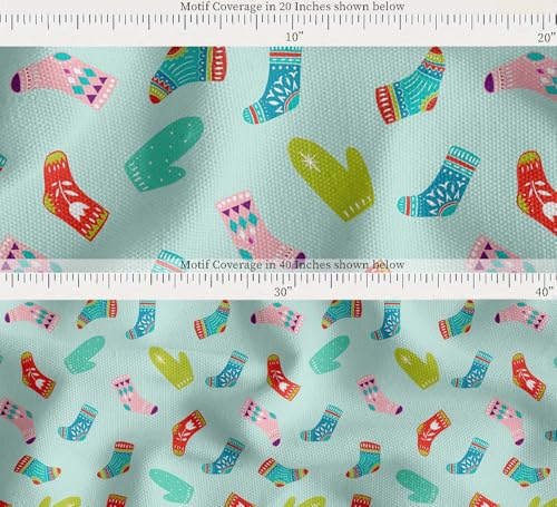 Image of Soimoi Green Cotton Canvas Fabric Socks & Gloves Folk Art Print Fabric by the Meter 56 Inch Wide