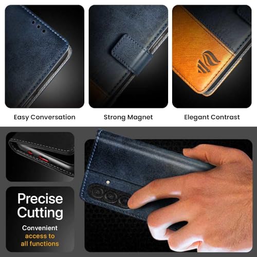 Image of FLIPPED Vegan Leather Flip Case Back Cover for Samsung Galaxy M17 5G | A17 5G | F17 5G (Flexible, Shock Proof | Hand Stitched Leather Finish | Card Pockets Wallet & Stand | Irish Blue with Tanned Oak)