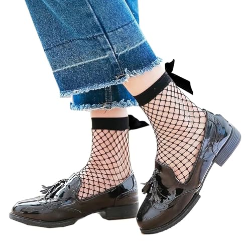 2 Pairs Fishnet Sheer Ankle Socks with Satin Bow Mesh Net Elastic Black and White Hollow Out Short Socks for Women and Girls3