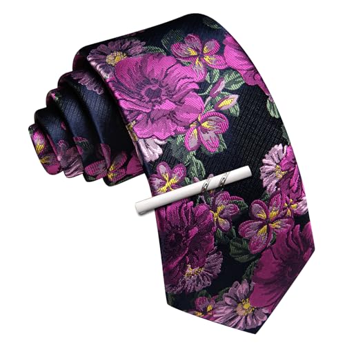 Image of Barry.Wang Floral Ties for Men Flower Necktie with Tie Clip Formal