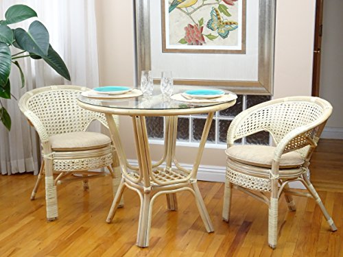 Pelangi Rattan Wicker Round Dining Table With Glass Top, White Wash #TOP5