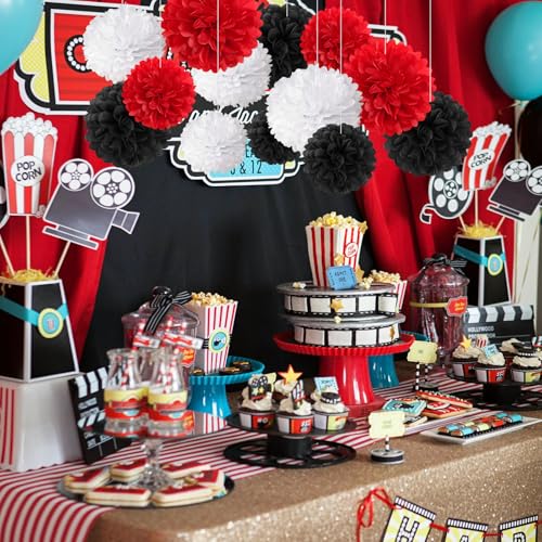 Image of 18 PCS Tissue Paper Pom Poms, Tissue Paper Flowers, Sizes of 6 inch, 10 inch, 12 inch, 14 inch Bachelorette Paper Flower Party Decor for Wedding, Birthday, Fiesta Stranger, Baby Showers (Black Red White)