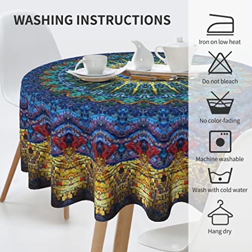 Sweetshow Boho Blue Mandala Round Tablecloth Rustic Colorful Print Decorative Abstract Table Cloth 60 Inch Polyester Fabric Farmhouse Table Cover For Home Kitchen Indoor Picnic Patio Party #TOP4