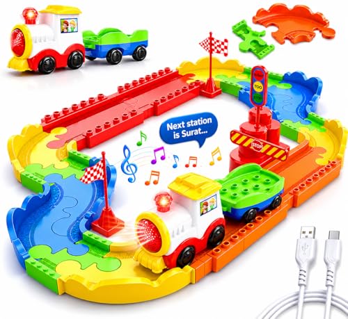 Image of Mirana Block Rider Toy Train Set with Colorful & Multiple Track Layout, USB Rechargeable Type-C Engine, Various Sound Modes - Vande Bharat, Rajdhani, Delhi Metro, Kids 2-8 Years (Classic - 47 Pcs)