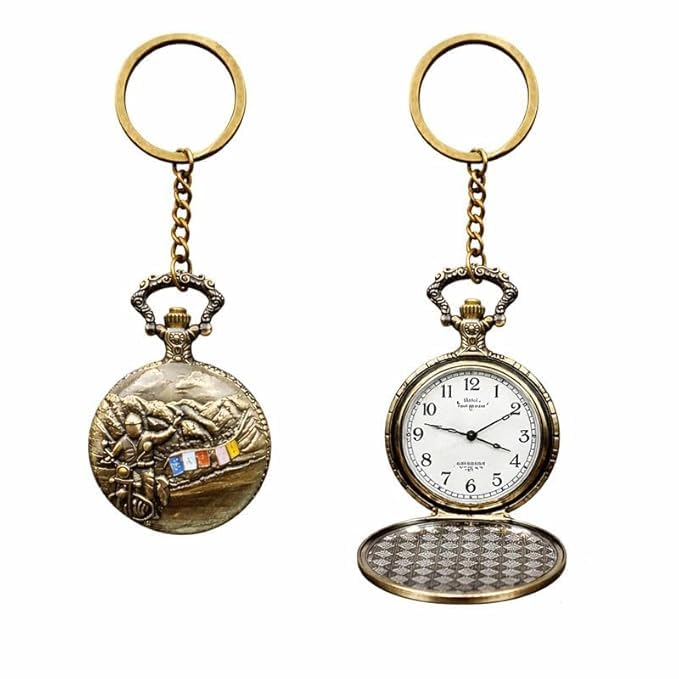 Vintage Motorbike Pocket Watch Keychain Antique Bronze Retro Analog Watch Key Ring Stylish Keychain for Boys Classic Biker Design Gift for Brother, Father Birthday, & Festive Gift-image-9
