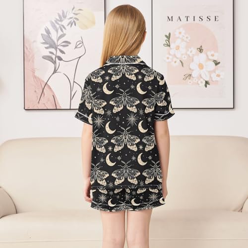 Cartoon Retro Butterfly and Moon Summer Satin Pajama Set, Cute Button-Down Sleepwear Pj Set for Sleep Wears4