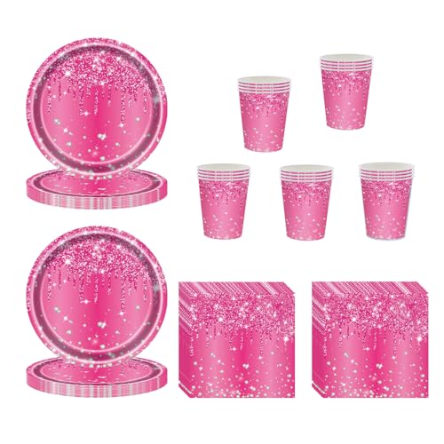 60 Pcs Hot Pink Tableware Set With Paper Plates, Cups and Napkins for Birthday, Wedding, Baby Shower - Party Supplies for Her, Girl, Women
