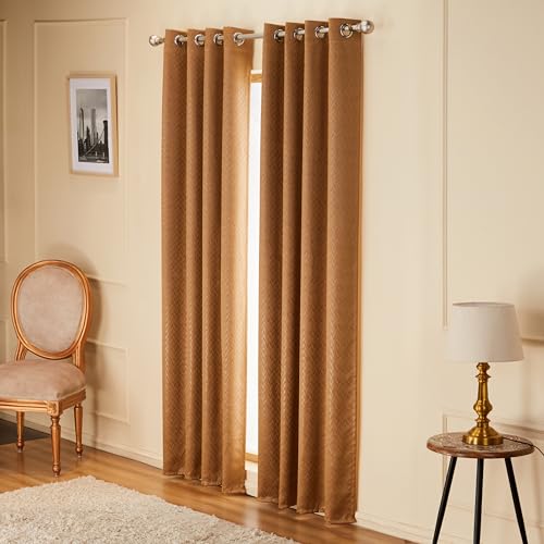 Image of Amazon Basics - Room Darkening Blackout Door Curtains, 100% Room Darkening | 9 Feet |Set of 2| Embossed | Self Deisgn |for Living Room and Bedroom | 115cmx 274cm, Color- Coffee
