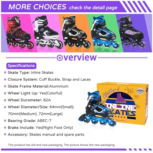 Image of Nattork Blade Roller for Boys Adjustable Inline Skates with Light Up Wheel for Kids Youth Childrens Outdoor & Indoor Ages 6-12 6 7 8 9 Beginners Blue