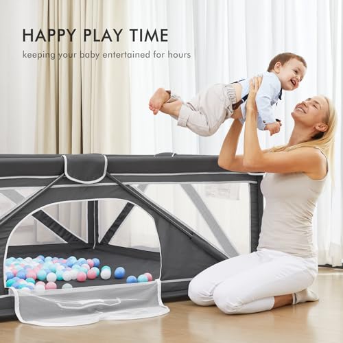 Image of Yobear Foldable Baby Playpen (79 inchx71 inch) - Portable Play Yard for Babies and Toddlers with 50 Ocean Balls, 2 Pull Handles & Carry Bag - Easy Setup Safe Indoor Outdoor Kids Activity Center (Dark Grey)