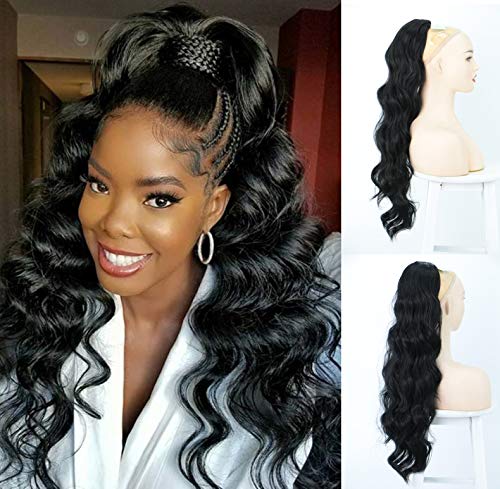 Black Ponytail Hair Extensions Clip in Human Hair Long Wavy Curly Drawstring Synthetic Hair Extensions Hairpieces Accessories for Women 24 Inch (1B#) 040-1B#