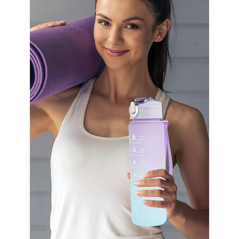 Image of Water Bottle with Motivational Time Marker, Motivational Water Bottle,Sipper Straw Drinking Reminder with BPA Free Tritan Material For Gym,Kids,Home,Office,School-Multi(1 Litre Bottle)-1Pic