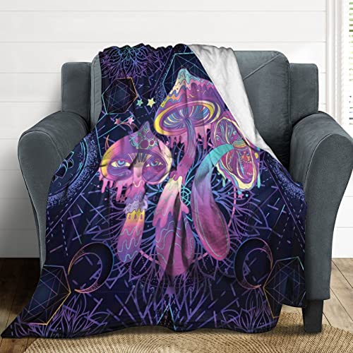 Bright Psychedelic Magic Mushrooms 60S Hippie Boho Flannel Fleece Throw Blankets 50"X40" Fluffy Winter Fall Blanket Cozy Soft Fuzzy Plush Home Decor For Couch Bed Sofa Bedroom Living Room Travel #TOP6