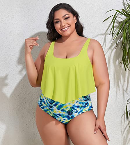 Mooncore Womens Plus Size Swimsuit High Waisted Tankini Bathing Suits Two Piece Flounce Bikini Swimsuit(Yellow, 2Xl) #TOP4