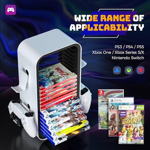 LYtech Video Game Storage Tower Universal Game Holder Rack for PS5/PS4/Xbox One/Xbox 360/Xbox Series X/S/Switch Game Cases, DVD and Blu-Ray Disks Organizer, Stores 19 Game, with 4 Controller Holders