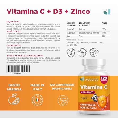 Vitamina C D Zinco, Masticabile gusto Arancia, per Bambini ed Adulti, Vitamina C 1000mg, Vitamina D3 2000 UI e Zinco 5mg in 2 cpr, WE Salus - 6