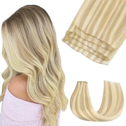 GOO GOO Genius Weft Hair Extensions Human Hair, Sew In Hair Extensions Rooted Remy Weft, 18A/613A Dark Blonde Highlighted Bleach Blonde 20inch 60g, Hand Tied look