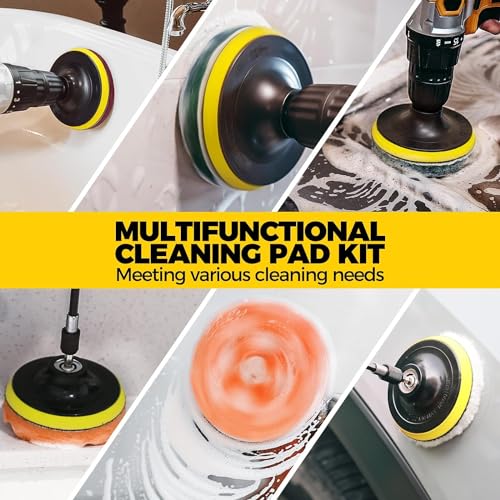 Image of 23pcs Drill Brush Attachment Scrub Pad Sponge Buffing Pad Power Scrubber Brush with Extended Long Attachment Car Polishing Pad Kit, Black Scouring Pads and Sponge