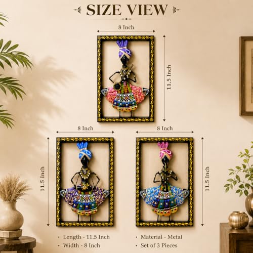 Image of iHandikart Tribal Musician Metal Wall Art Set of 3 | Rajasthani Folk Musician Wall Sculpture | Decorative Iron Wall Hanging for Living Room, Bedroom, Hallway & Office | 11.5 x 8 Inch Each