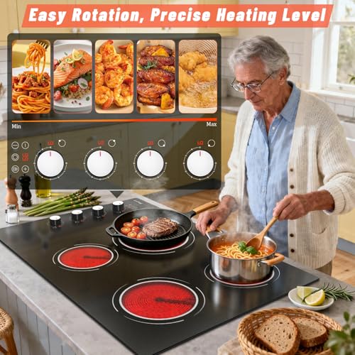 Image of 30 Inch Electric Cooktop - 4 Burner Built-in(29.13 inchx19.3 inch) Ceramic Stove Top 6700W, 30 inch Electric Cook Top with Timer, Safety Lock, Pause, Dual Ring, 220V - 240V Hard Wired (White Knob)
