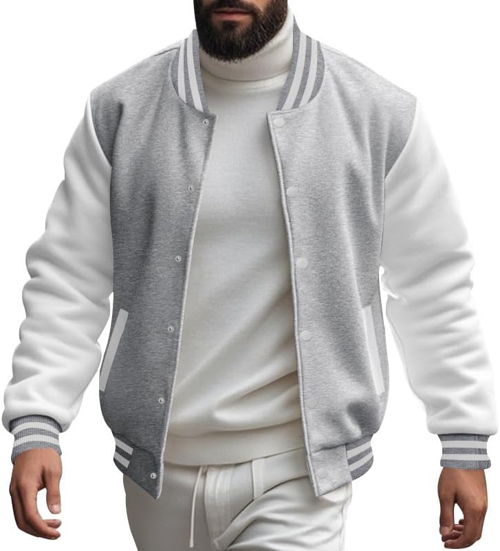 Men's Varsity Baseball Jacket Classic College Style Bomber Coat with Striped Ribbed...