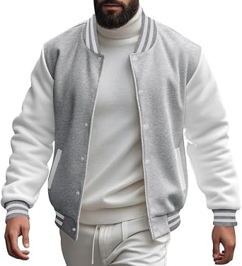 Mens Varsity Baseball Jacket Classic College Style Bomber Coat with Striped Ribbed Collar Casual Outerwear