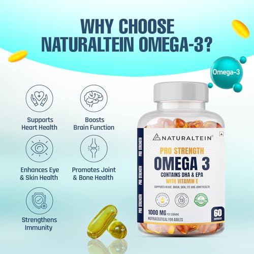 Image of Naturaltein Pro Strength Omega 3 Fish Oil 1000mg with Vitamin E | 180mg EPA & 120mg DHA | Supports Heart, Brain, Joint & Eye Health | Molecularly Distilled & Heavy Metal Tested | 60 Softgels