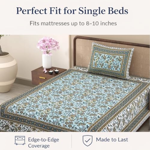 Image of elanorhomes 100% Cotton Single Bed Sheet with Pillow Cover | 240 TC Bedsheet for Single Bed | Hand Printed Floral Bedsheets | Ultra-Soft & Breathable | 60x90 inches (Seashell)