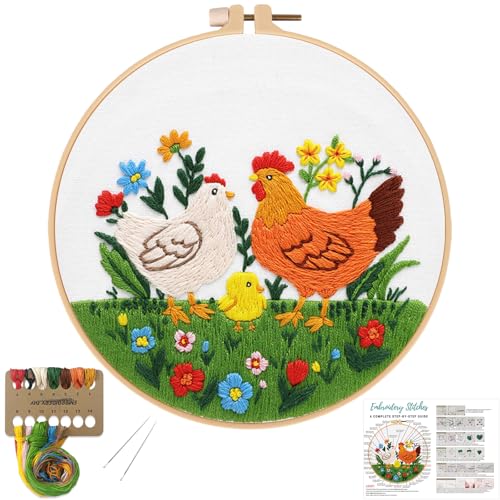 Image of Louise Maelys Funny Animal Embroidery Kits for Beginners,Cross Stitch Kit for Adults,DIY Needlepoint with Hen Rooster Chick and Flower Lawn Pattern