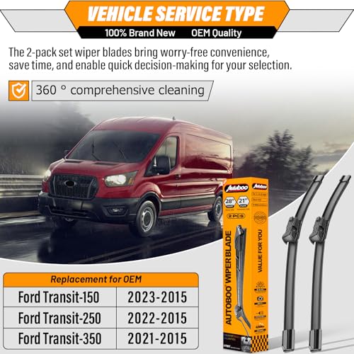 Image of AUTOBOO Windshield Wiper Blade Replacement for Ford Transit-150 250 350 | Fits Transit-150 /250 /350 2015-2023, 28 inch+21 inch, 2-pack, OEM quality, all-season performance, easy install