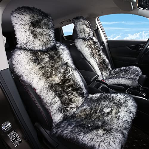 Ogland Sheepskin Fur Car Seat Covers, Universal Size Australian Long Wool Car Seat Cushion For Adult Man Women, 1 Piece Seat (Wolf Tipped) #TOP2
