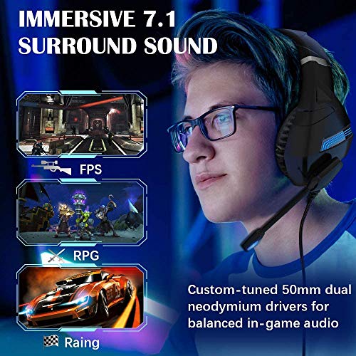 FUNINGEEK Cuffie Gaming per PS4 Cuffie da Gaming con Microfono e Bass Stereo Cuffie da Gioco con 3.5mm Jack LED e Controllo Volume Gaming Headset per PS4/Xbox One/PC/Mac/Laptop/Tablet (Nero Blu)