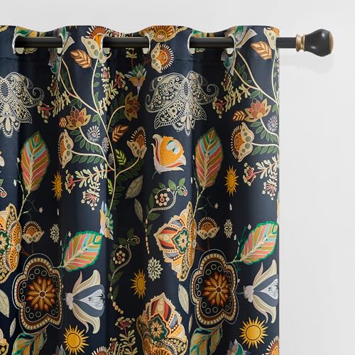 XiDi Navy Blue Vintage Floral Patterned Blackout Curtains Boho 84 Inches Long for Living Room Bedroom 2 Panels Thermal Insulated Luxury Modern Dark Botanical Printed Curtains Grommet Drapes 52x84