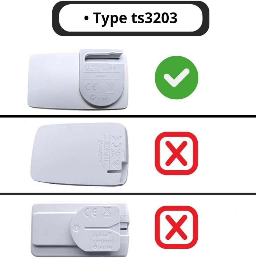 Image illustrating compatible TS3203 toll tag with a green checkmark and incompatible tags with red crosses
