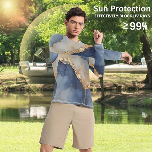 Marble Navy Blue Beige Sun Protection SPF Rash Guard Shirt Comfortable Round Neck Men's Sun Protection Long Sleeve Summer4